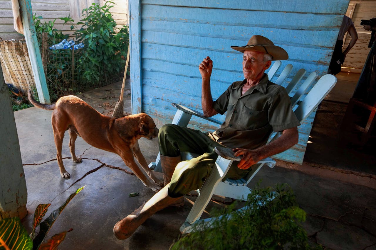 about-us Elderly man in a hat sitting on a porch rocking chair beside his loyal dog.